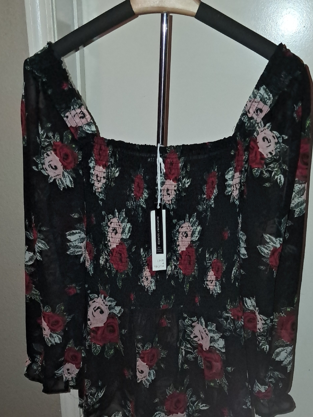 Live 4 Truth Women's Black Floral Red/Pink Roses Off-Shoulder Blouse